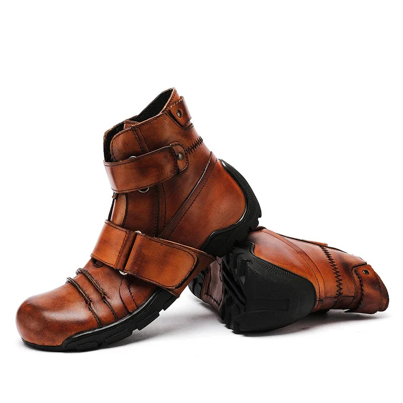 Men's Genuine Leather Ankle Strap Motorcycle Boots