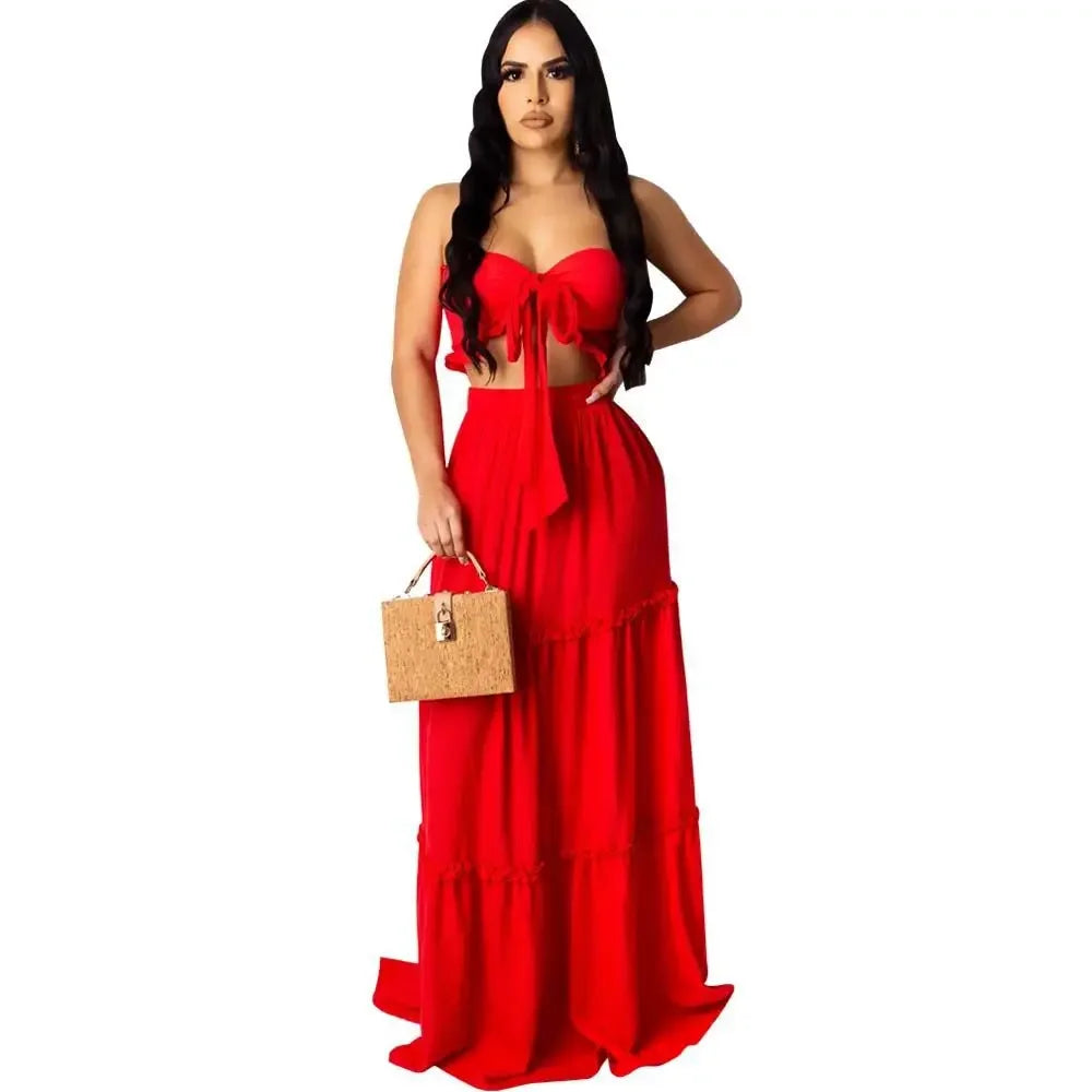 Women Strapless Crop Top and Ruffled Maxi Skirt Two-Piece Bohemian Set