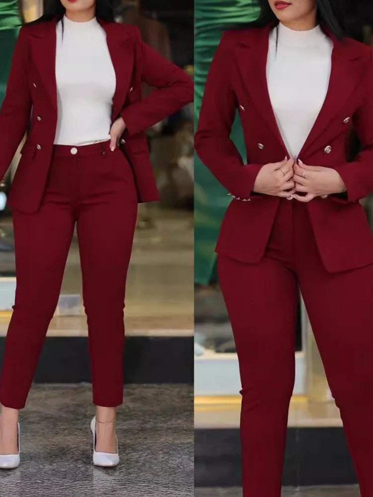 Women's Solid Lapel Blazer Slim Pants Set