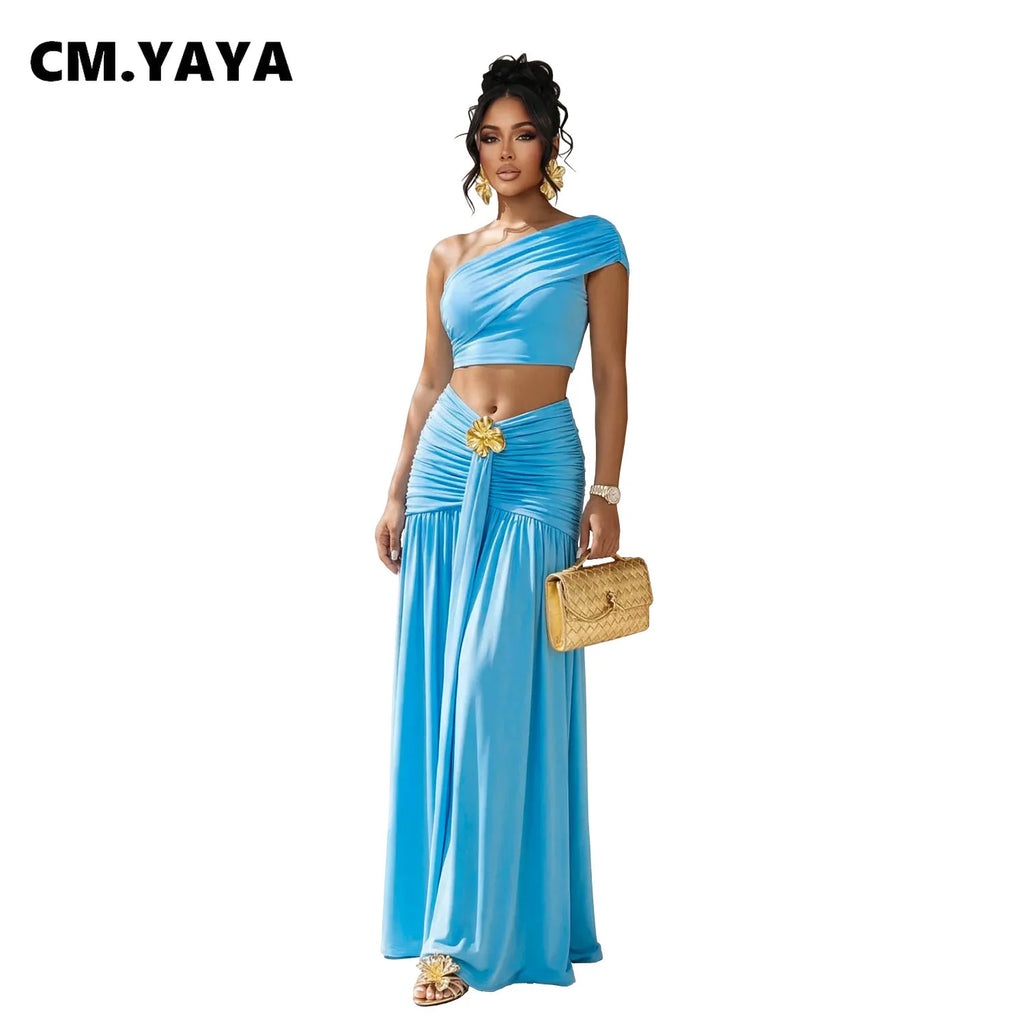 Women's Casual One Shoulder Crop Top and Long Skirt Two Piece Matching Set
