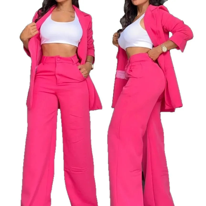Women's Split Sleeve Blazer Straight Leg Pants Suit Set