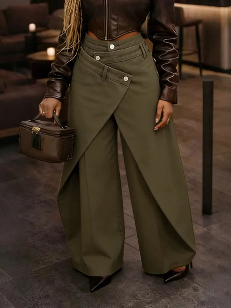 American Retro High Waist Wide Leg Trousers with Metal Buckle