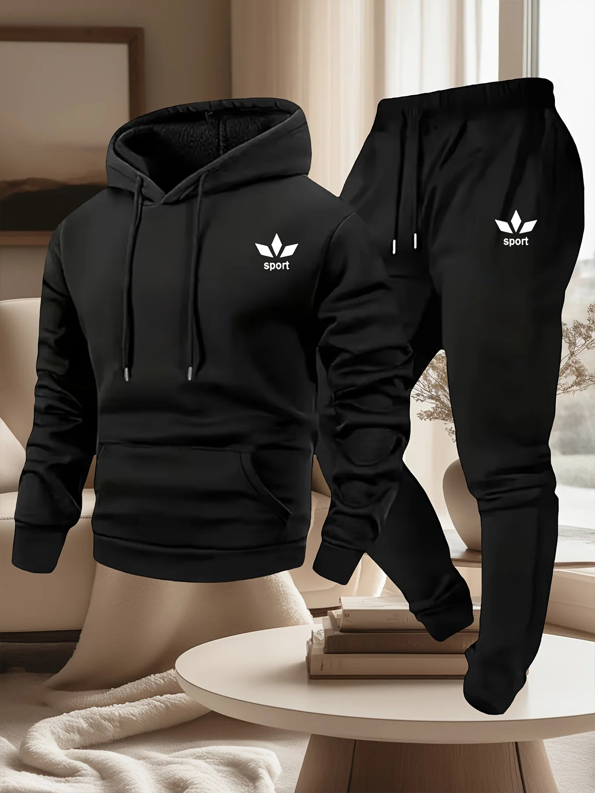 Men's Warm Fleece Lined Printed Hoodie and Jogger Pants Tracksuit Set