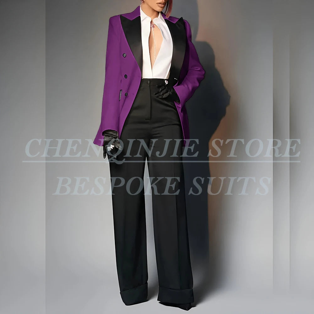 Women's Double Breasted Peak Lapel Slim Fit Pants Suit