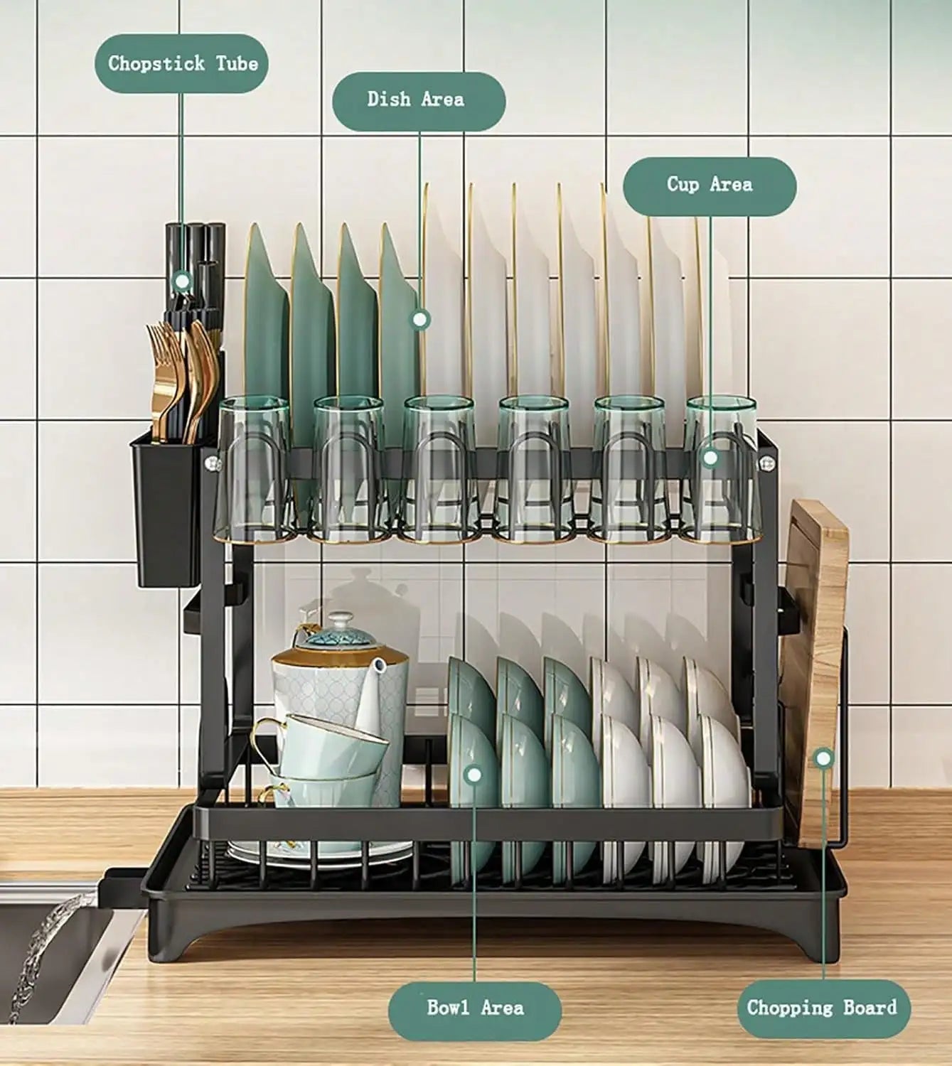2 Tier Dish Drying Rack and Drainboard Set with Utensil Holder