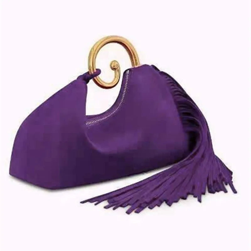 Women's Tassel Metal Handle Faux Suede Tote Bag