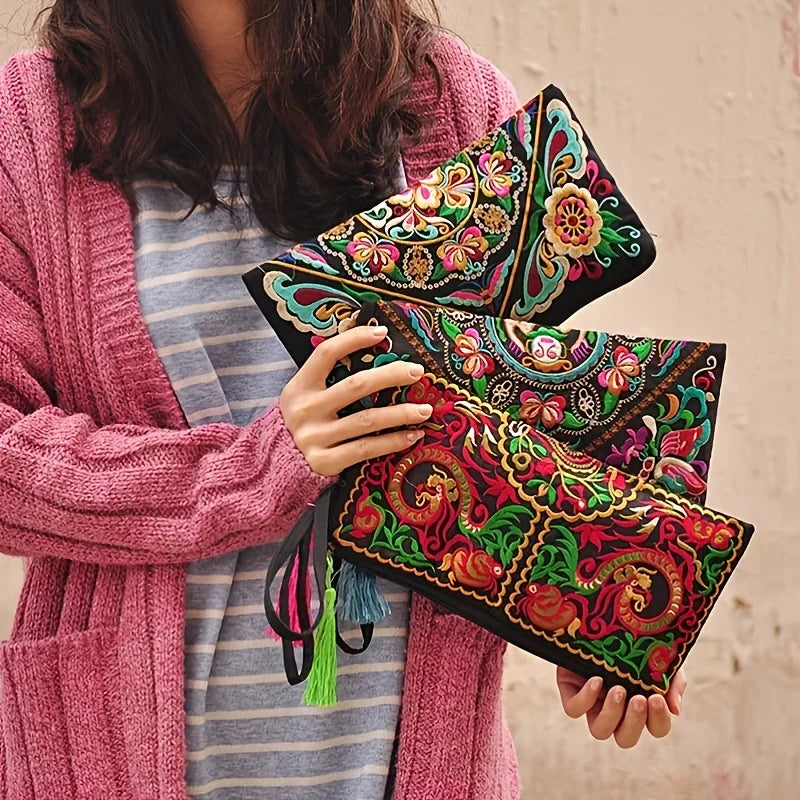 Vintage Embroidered Ethnic Style Long Wallet Wristlet Clutch Bag