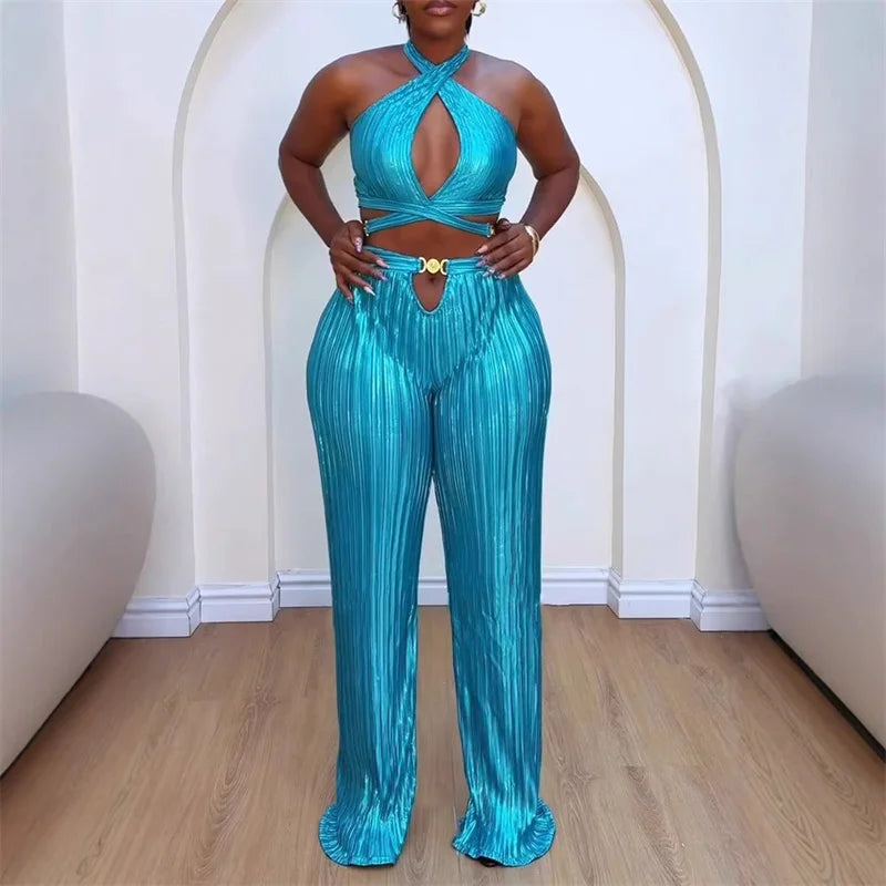 Women's Halter Bandage Crop Top Wide Leg Pants Set