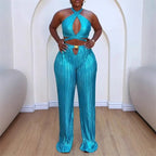 Women's Halter Bandage Crop Top Wide Leg Pants Set