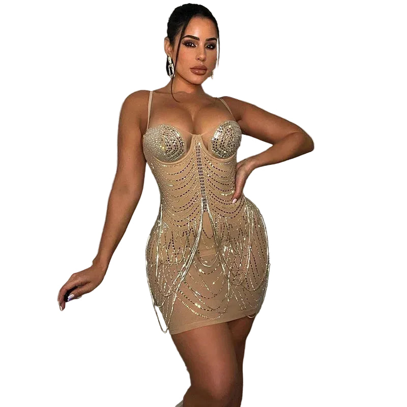 Women's Sexy Rhinestone Tassel Mesh Mini Dress