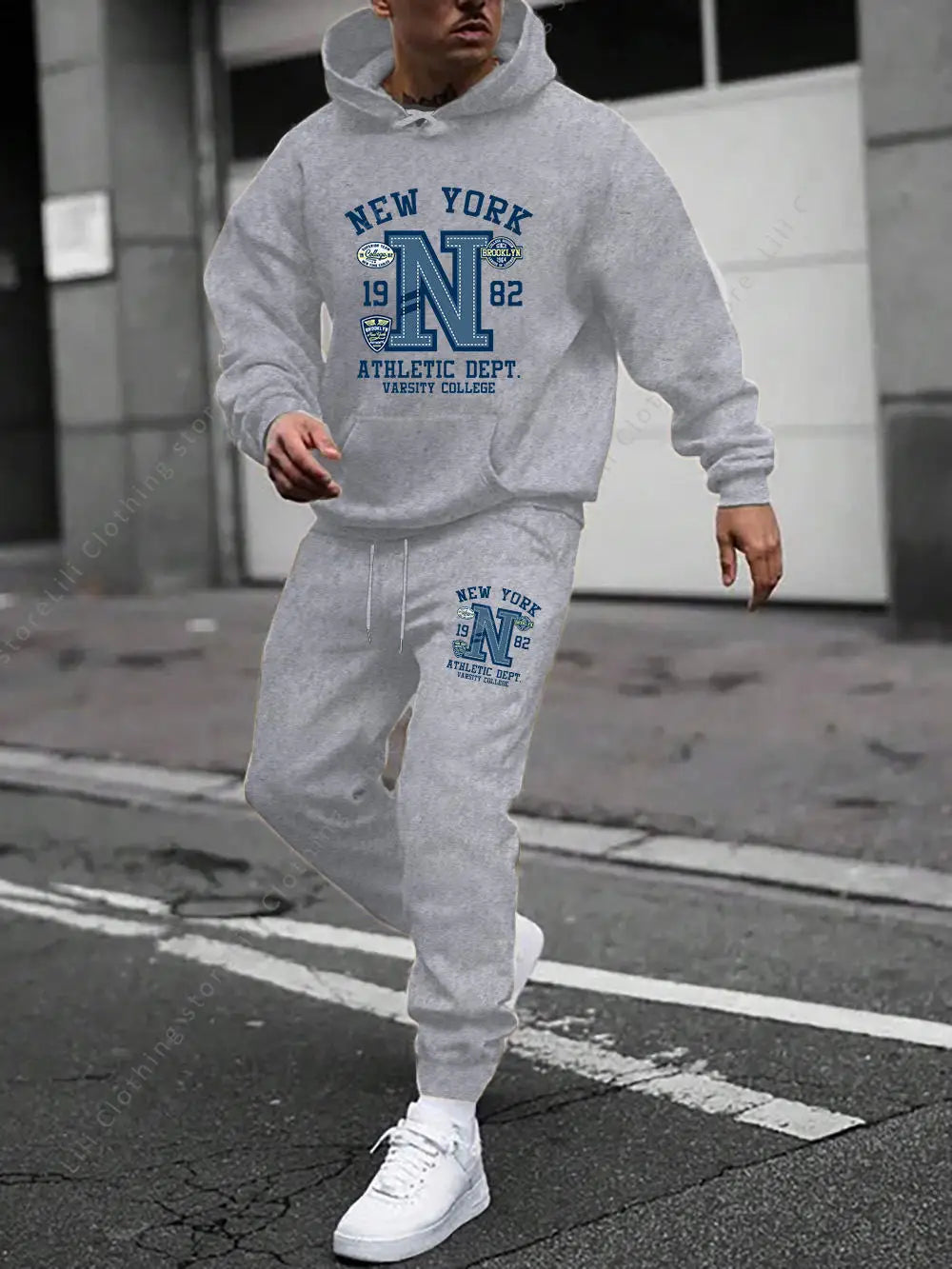 Men's Casual Gothic Letter Print Hoodie and Pants Two Piece Tracksuit Set