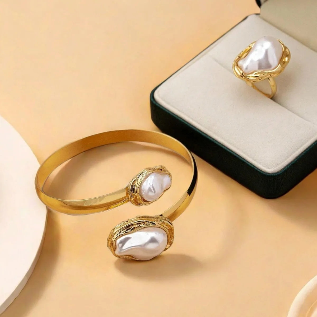 Women's Fashion Elegant Imitation Pearl Adjustable Bracelet Ring Jewelry Set