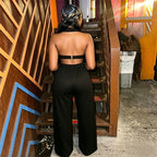 Women's Sexy Hollow Out Halter Crop Top and Wide Leg Pant Two Piece Set
