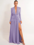 Women's Deep V-Neck Ruched High Slit Glitter Maxi Dress