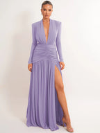 Women's Deep V-Neck Ruched High Slit Glitter Maxi Dress