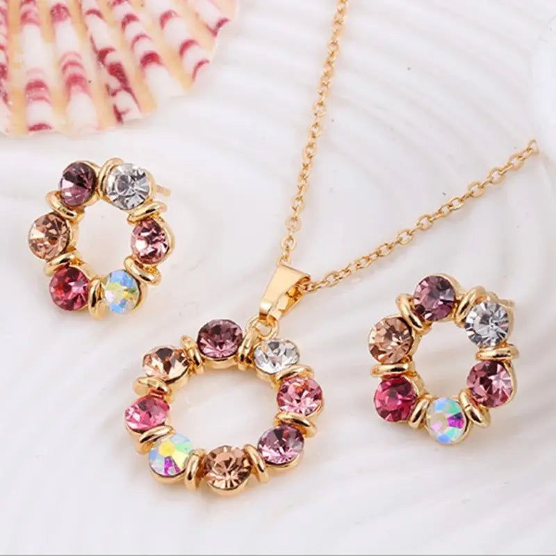 Women's Fashion Elegant Stained Glass Circle Necklace and Earrings Jewelry Set