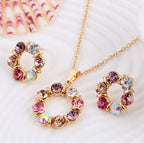Women's Fashion Elegant Stained Glass Circle Necklace and Earrings Jewelry Set