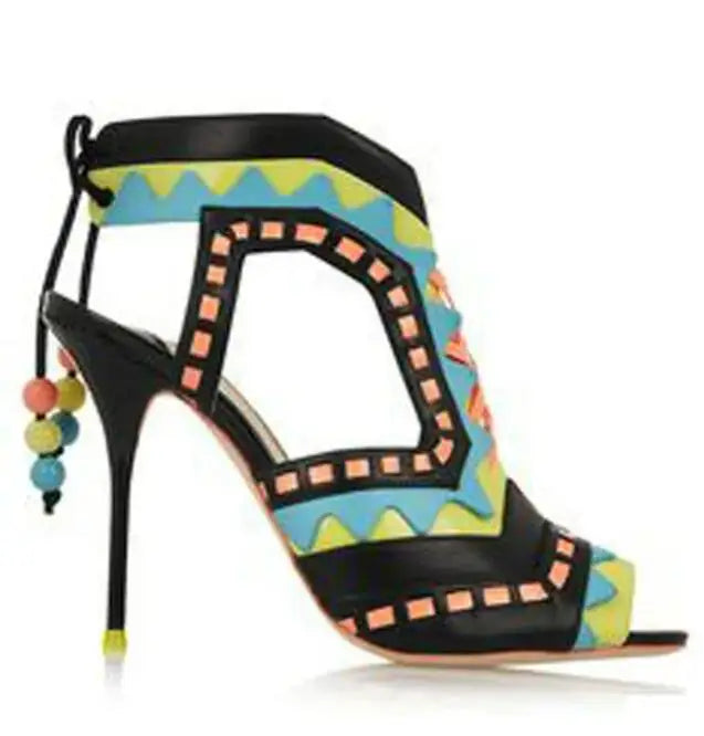 Women's Triangle Patchwork Beaded Lace-Up Sandal Boots