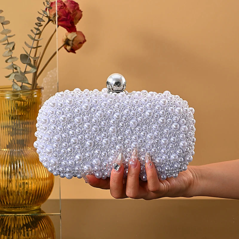Handmade Beaded Evening Clutch Bag with Artificial Pearls and Chain
