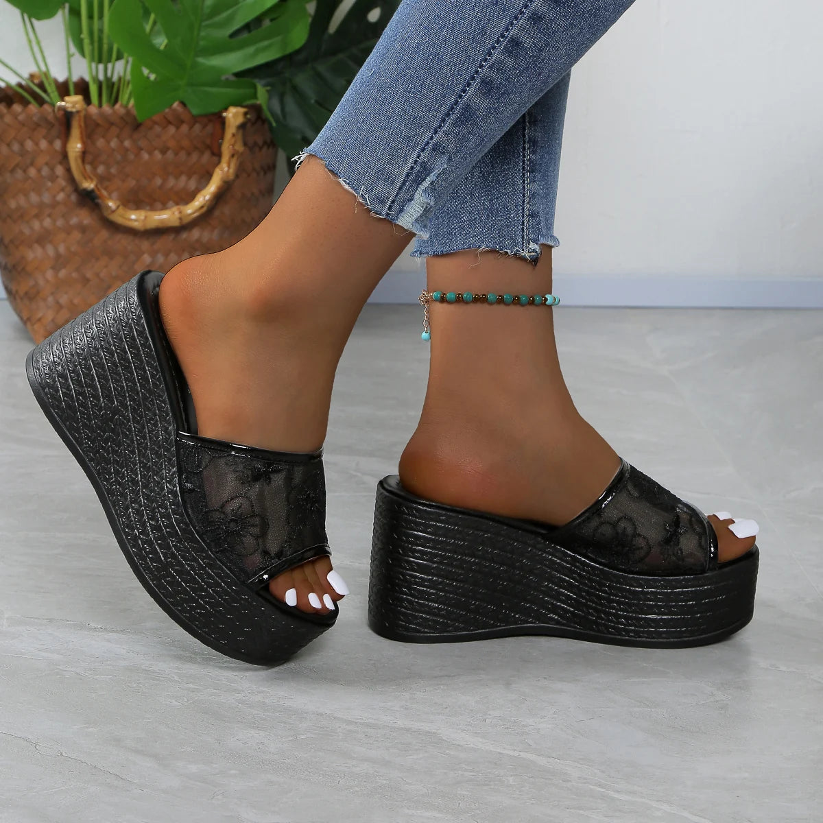 Women's Slip-On Wedge Platform Sandals with Floral Accents Black