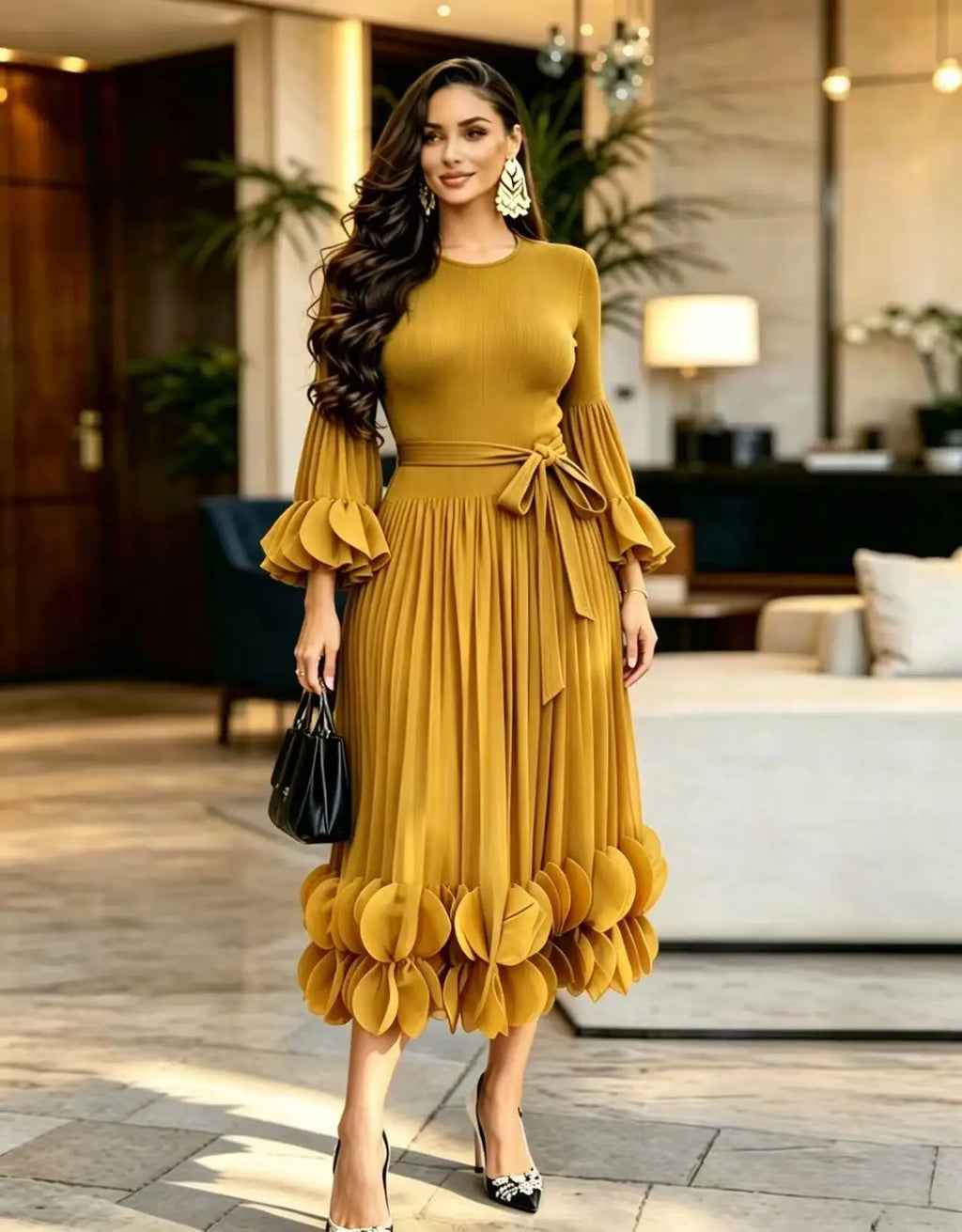 Women's Pleated Ruffle Edge Round Neck Long Dress