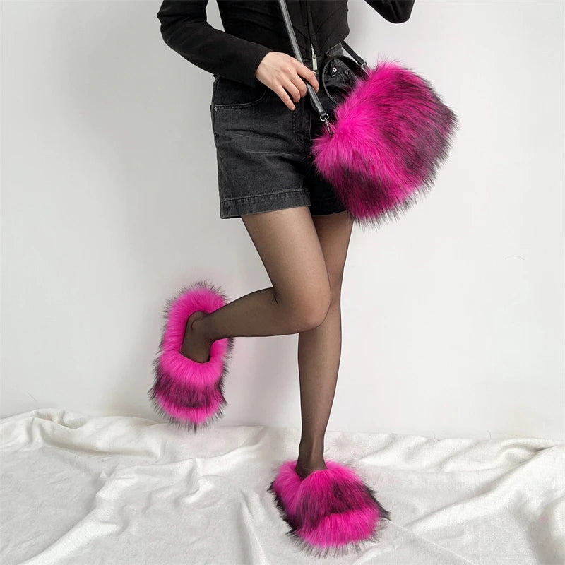 Women's Faux Fur Slides With Matching Shoulder Bag Set