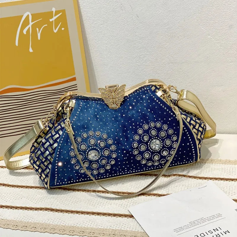 Denim Rhinestone Clutch Bag with Butterfly Decoration for Women