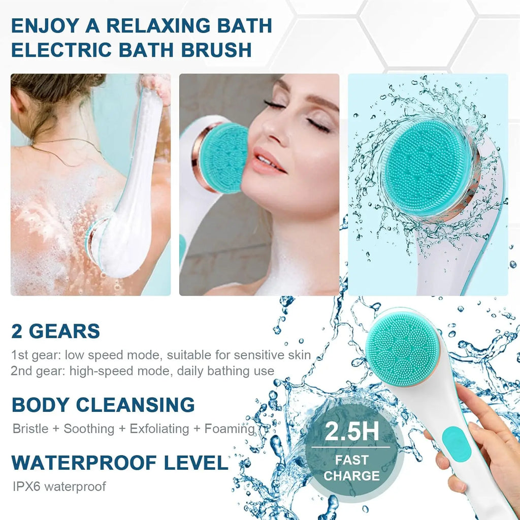 Electric Body Brush Back Scrubber Waterproof Rechargeable Exfoliating Massage Set