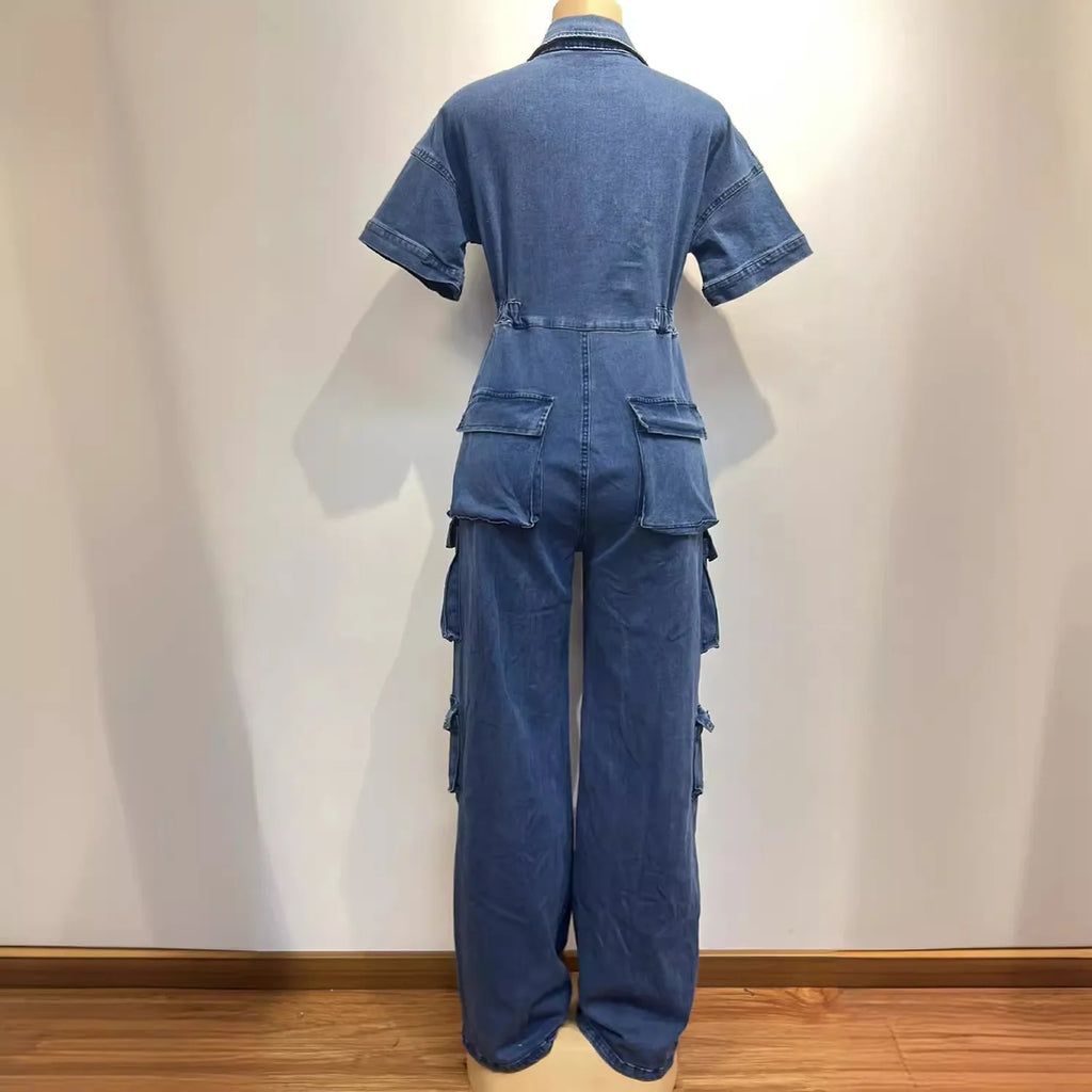 Women's Short Sleeve Denim Cargo Jumpsuit