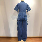 Women's Short Sleeve Denim Cargo Jumpsuit