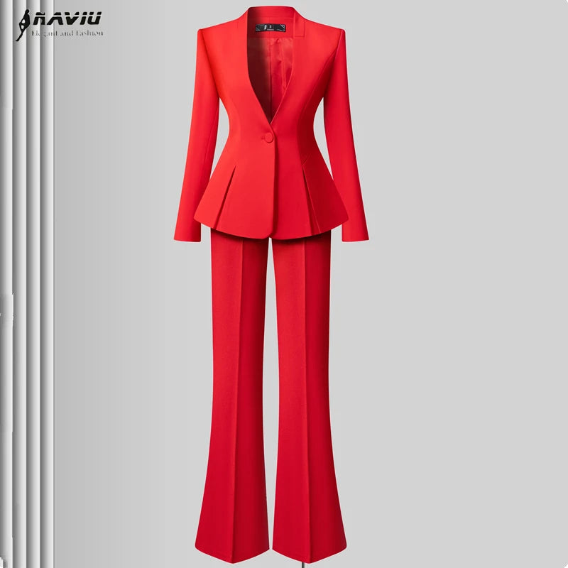 Women's Solid Long Sleeve Blazer Flare Pants Suit