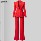 Women's Solid Long Sleeve Blazer Flare Pants Suit