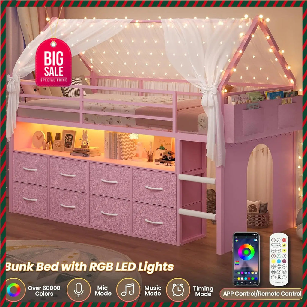 Kids' Twin Metal Low Loft Bed with Drawers and LED Lights Pink