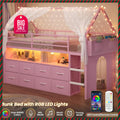 Kids' Twin Metal Low Loft Bed with Drawers and LED Lights Pink