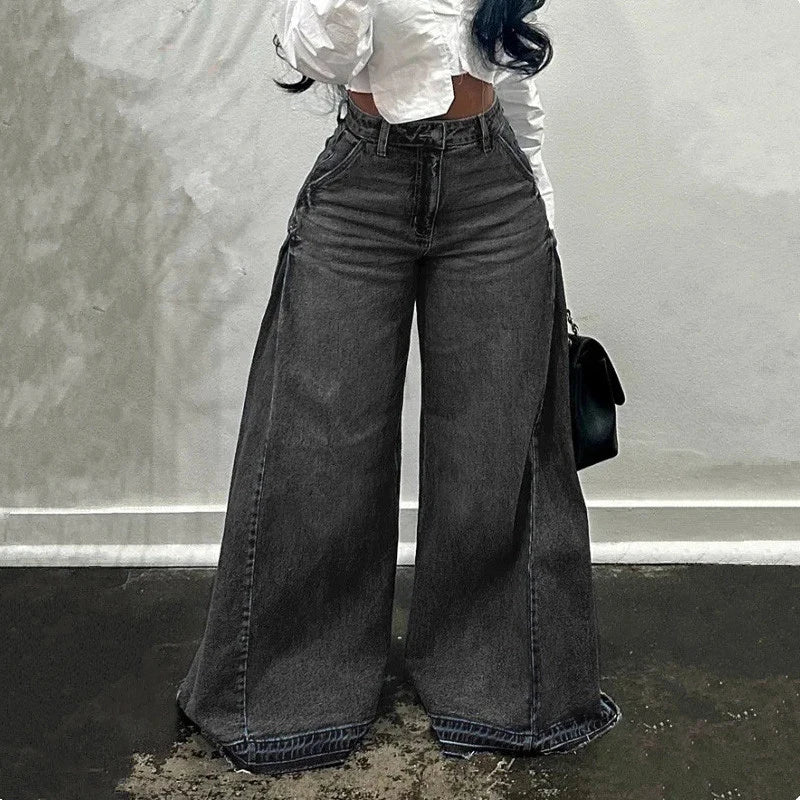 Women's Retro Wide Leg Denim Jeans Splicing Casual Long Pants