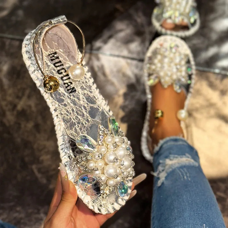 Women's Pearl Crystal Flower Flat Sandals Casual Open Toe