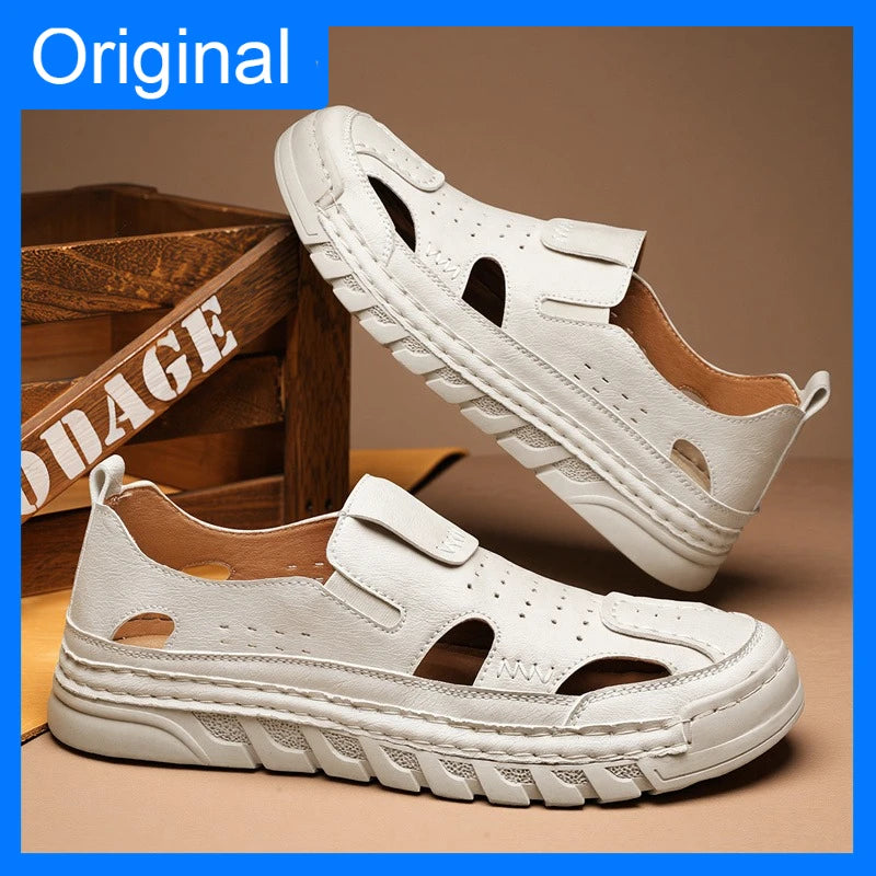 Men's Hand-Sewn Leather Sandals for Daily Outdoor Comfort Rubber Sole