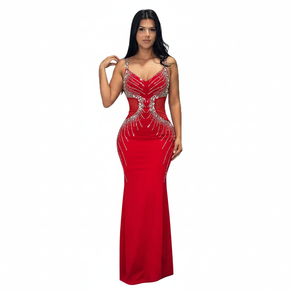 Women's Sexy Spaghetti Strap Diamond Bodycon Maxi Dress