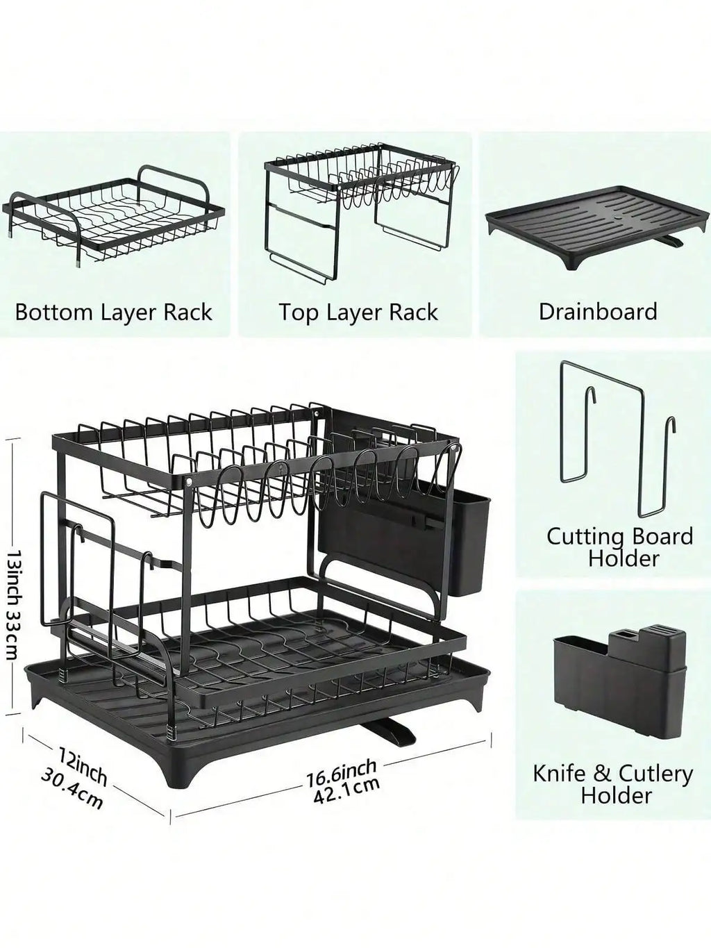 2 Tier Dish Drying Rack and Drainboard Set with Utensil Holder