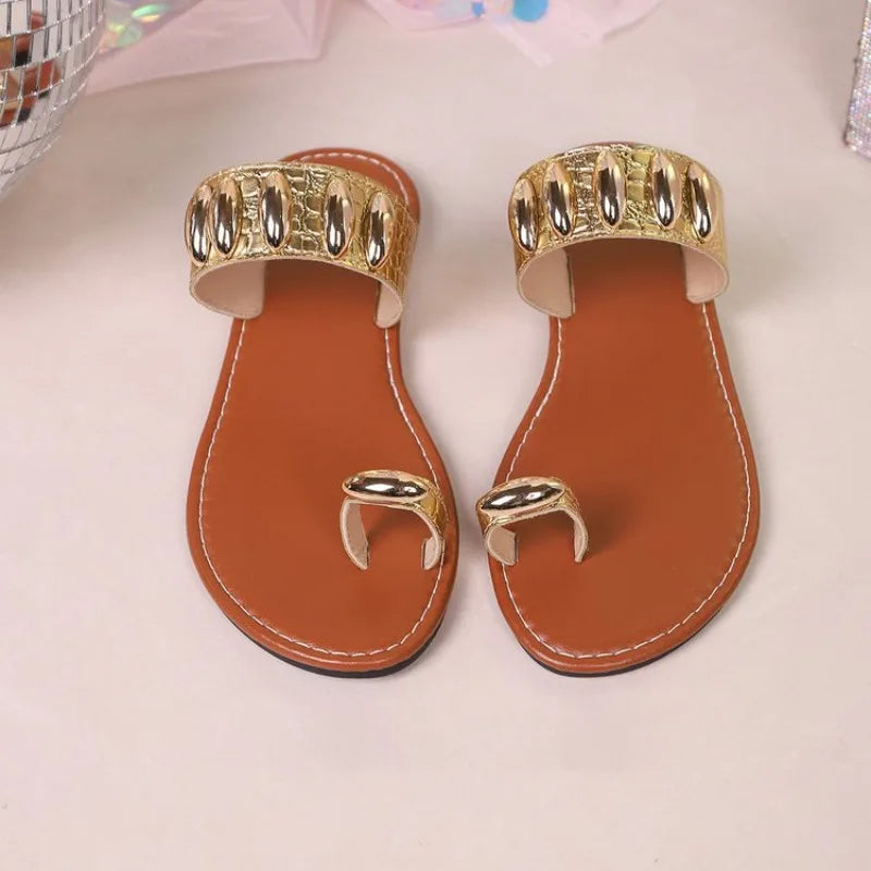 Bohemian Gold Embellished Flat Sandals with Toe Ring