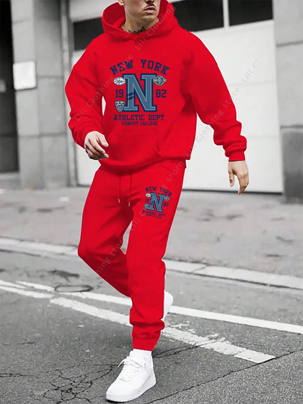 Men's Casual Gothic Letter Print Hoodie and Pants Two Piece Tracksuit Set