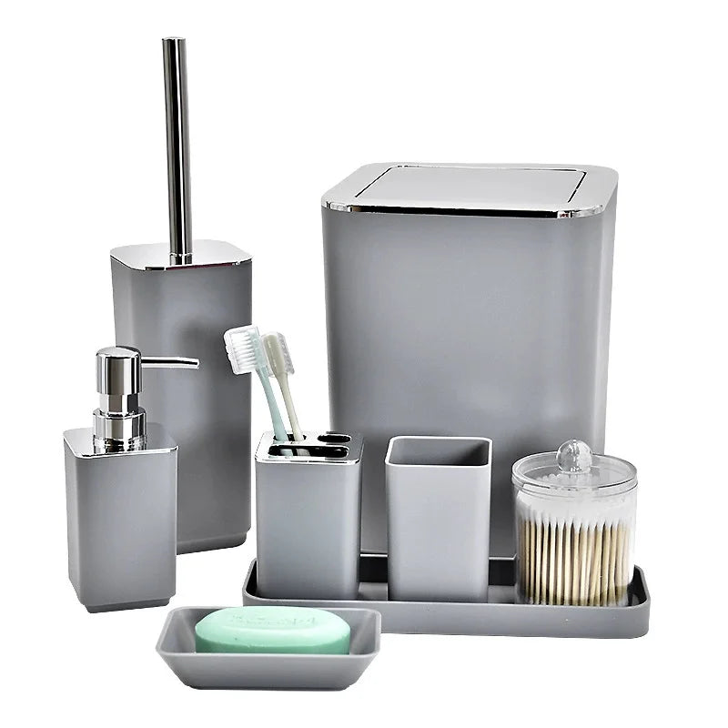 Bamboo Plastic Bathroom Accessory Set with Trash Can T234-8