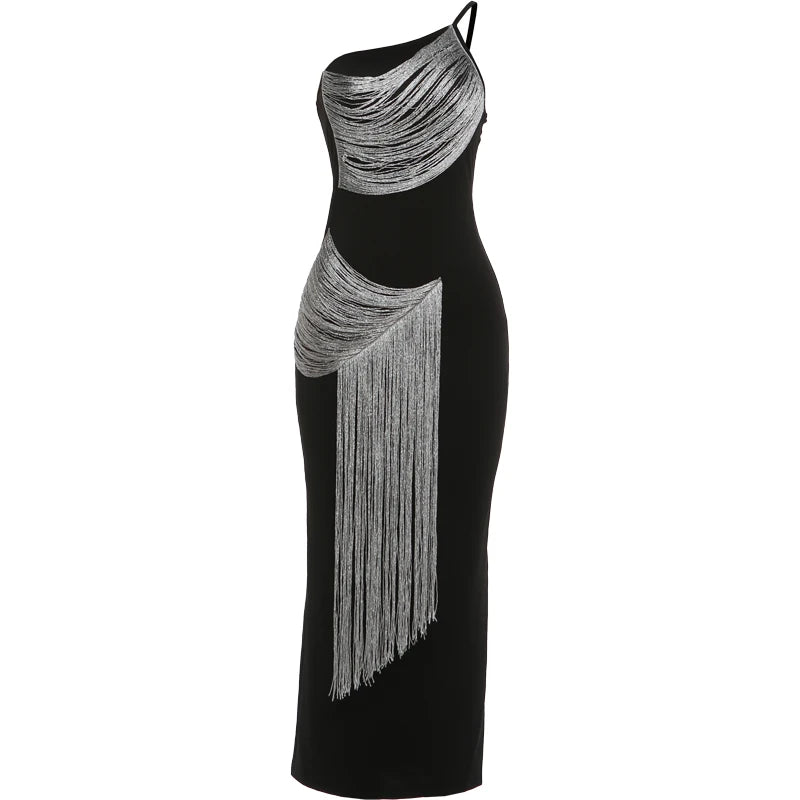 Women's Sexy Tassel Irregular Skew Collar Backless Maxi Dress