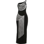 Women's Sexy Tassel Irregular Skew Collar Backless Maxi Dress