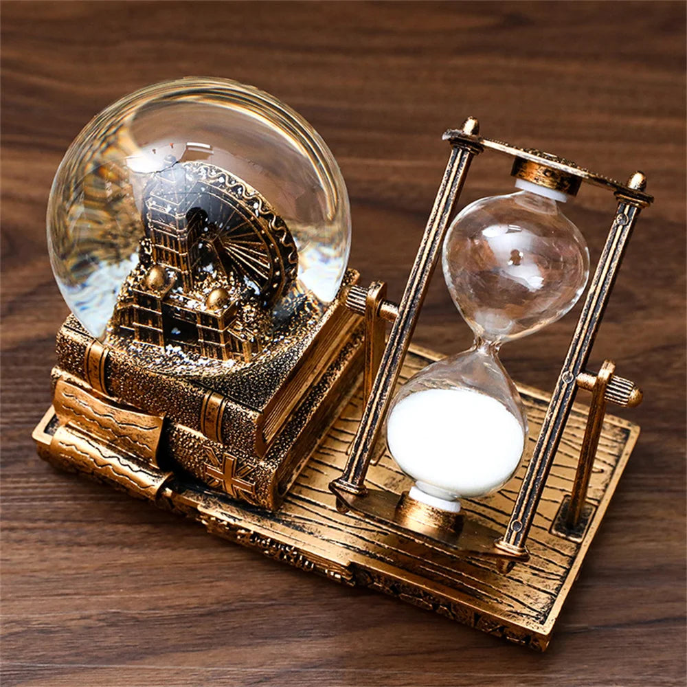 Vintage Luminous Snow Globe and Retro Hourglass Ornament