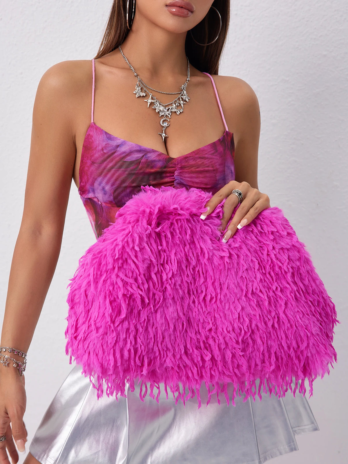 Y2K Faux Fur Kiss Lock Clutch Bag Women's Large Capacity