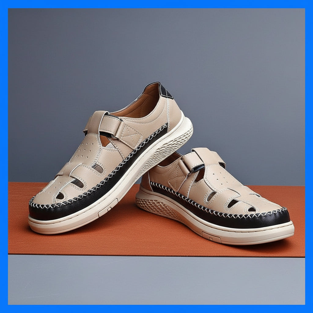 Men's Retro Leather Hollow Breathable Sandals Non-Slip Walking Shoes