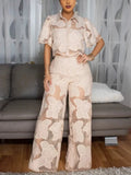 Women's Mesh Lace Cropped Shirt Wide Leg Pants Set