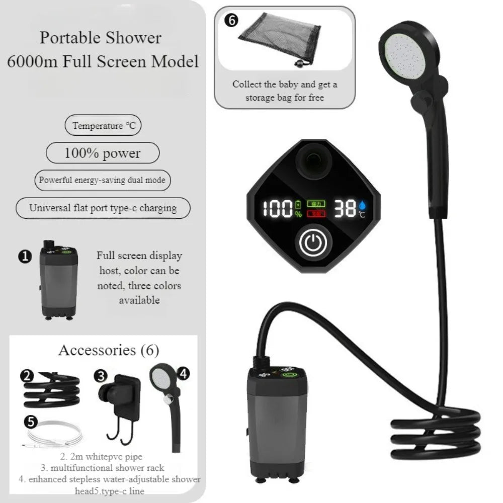 Portable Camping Shower with Rechargeable 6000mAh Pump and 5.3 Gallon Bag