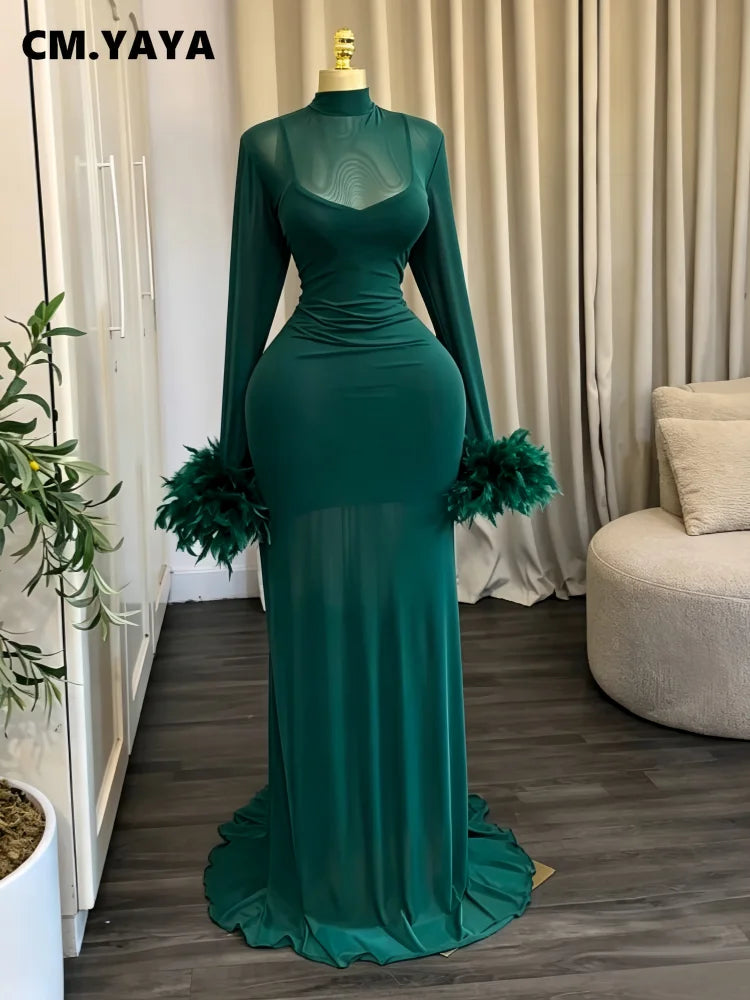 Women's Feather Ruched Long Sleeve Mermaid Maxi Dress